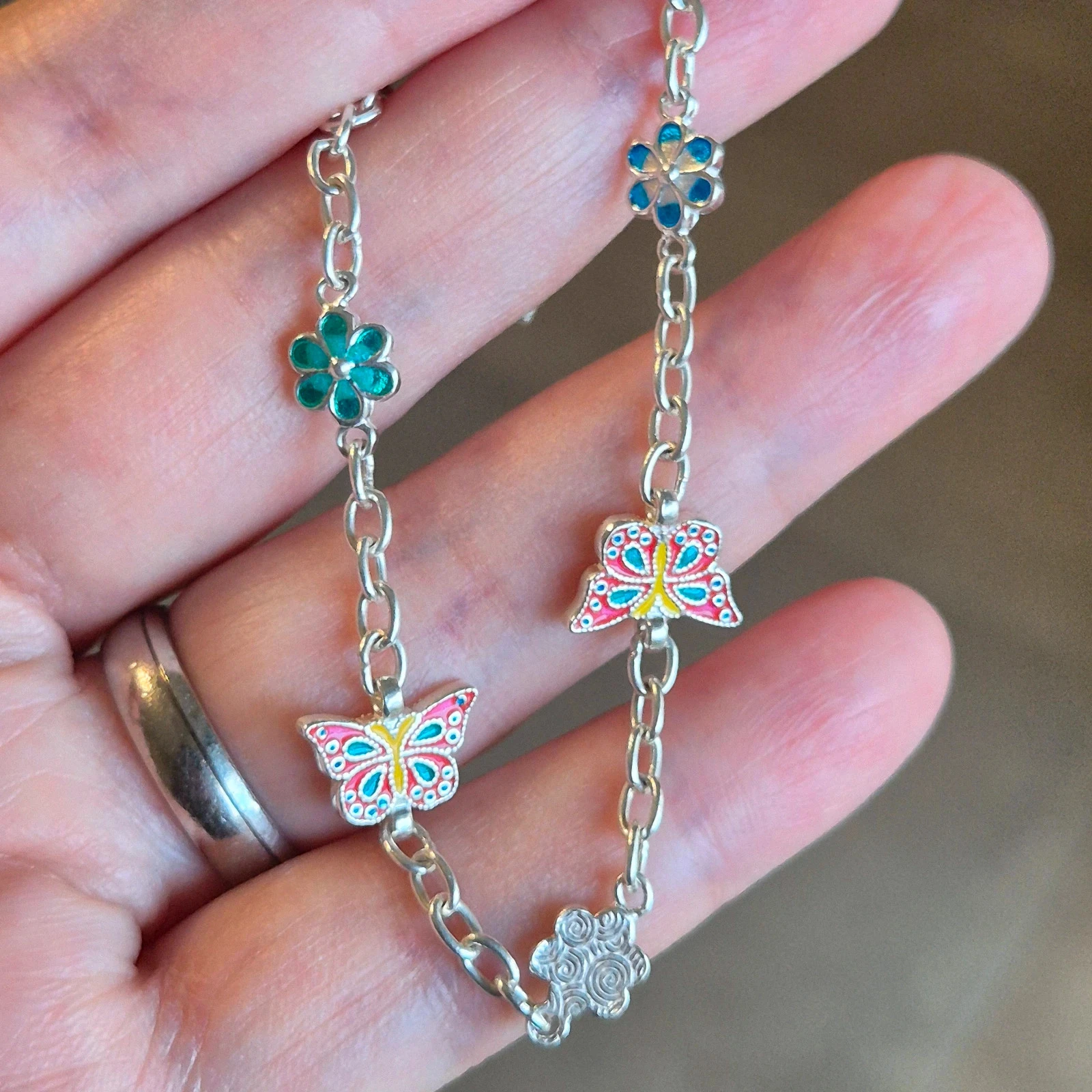 Certified S990 silver enamel decorated butterfly flower bracelet